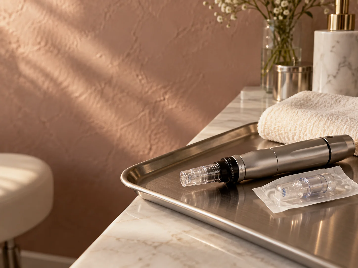 Microneedling device and sealed cartridge on a clean tray