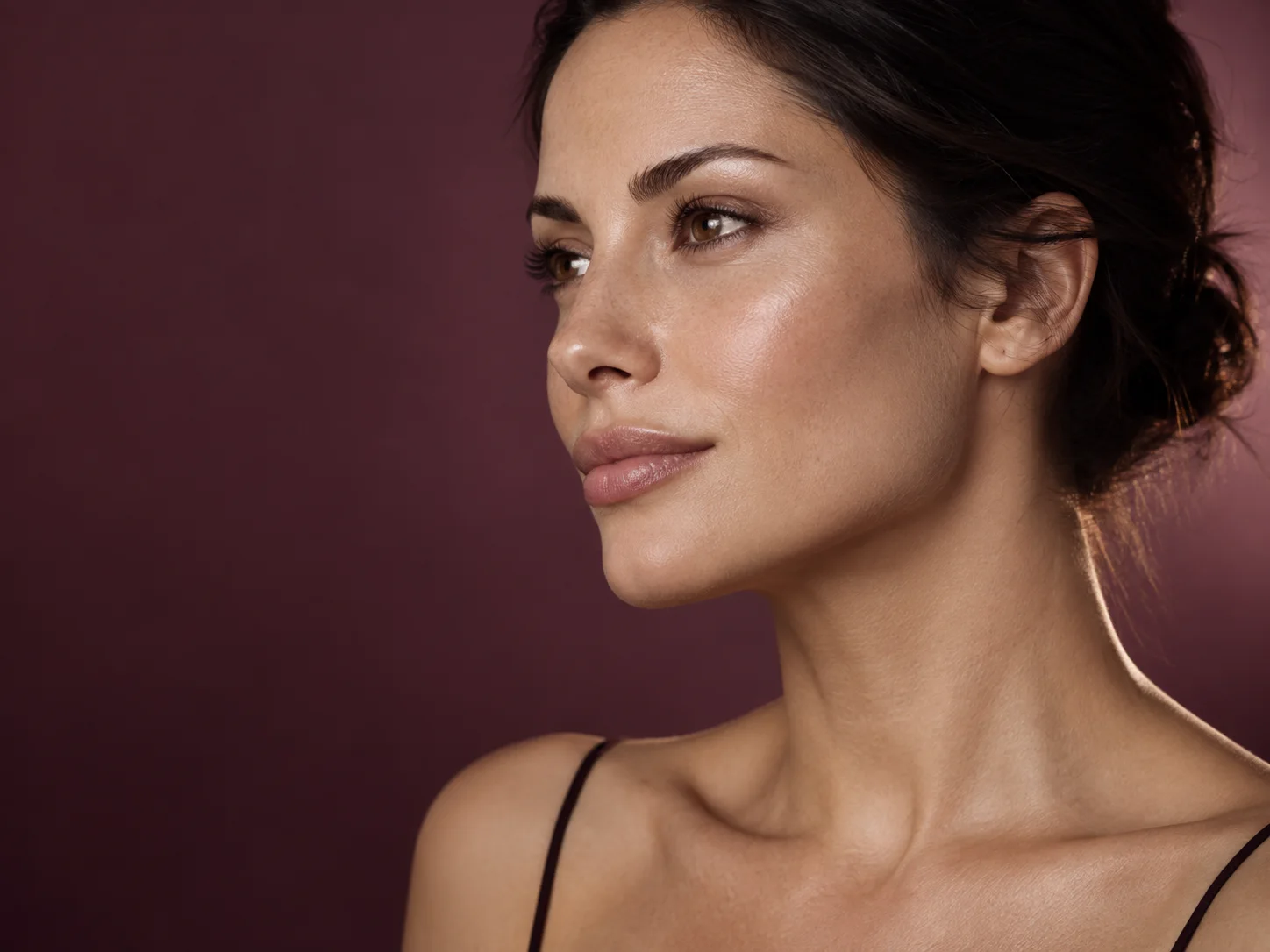 Editorial three-quarter portrait showing a natural jawline and neck